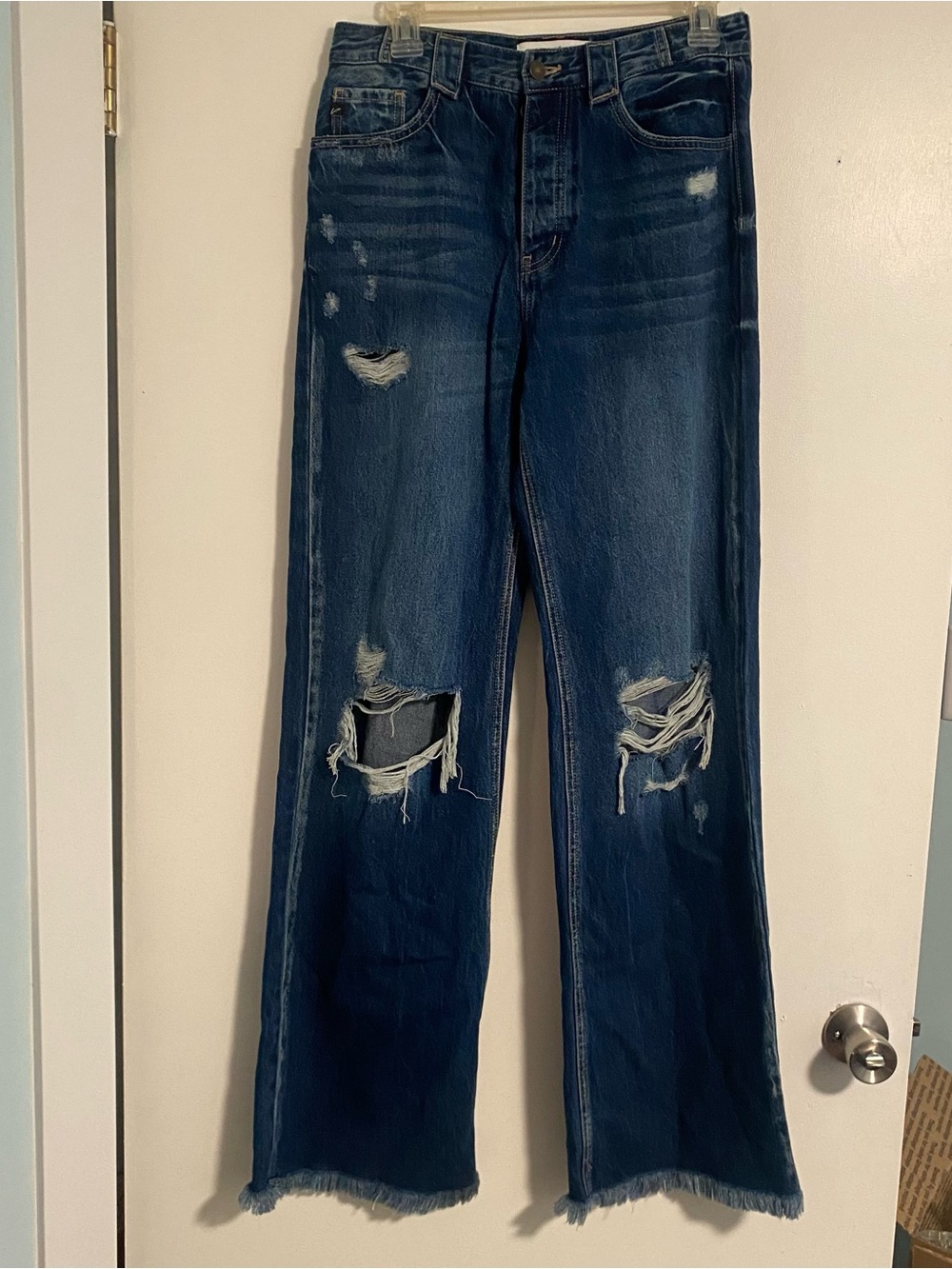 NWOT Kancan Wide Leg High Rise Raw Hem Distressed Mom Jeans Blue Womens 5/26